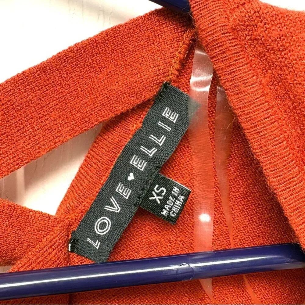 Love Ellie Sweater, Burnt Orange V Neck, Cris Cross Straps, Long Sleeve, Size XS